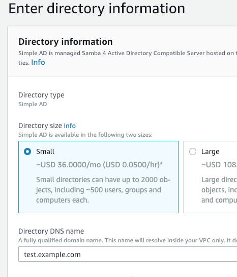 Choosing Simple AD and Size small in AWS Console