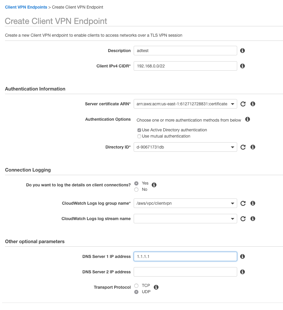 Values for the AWS Client VPN